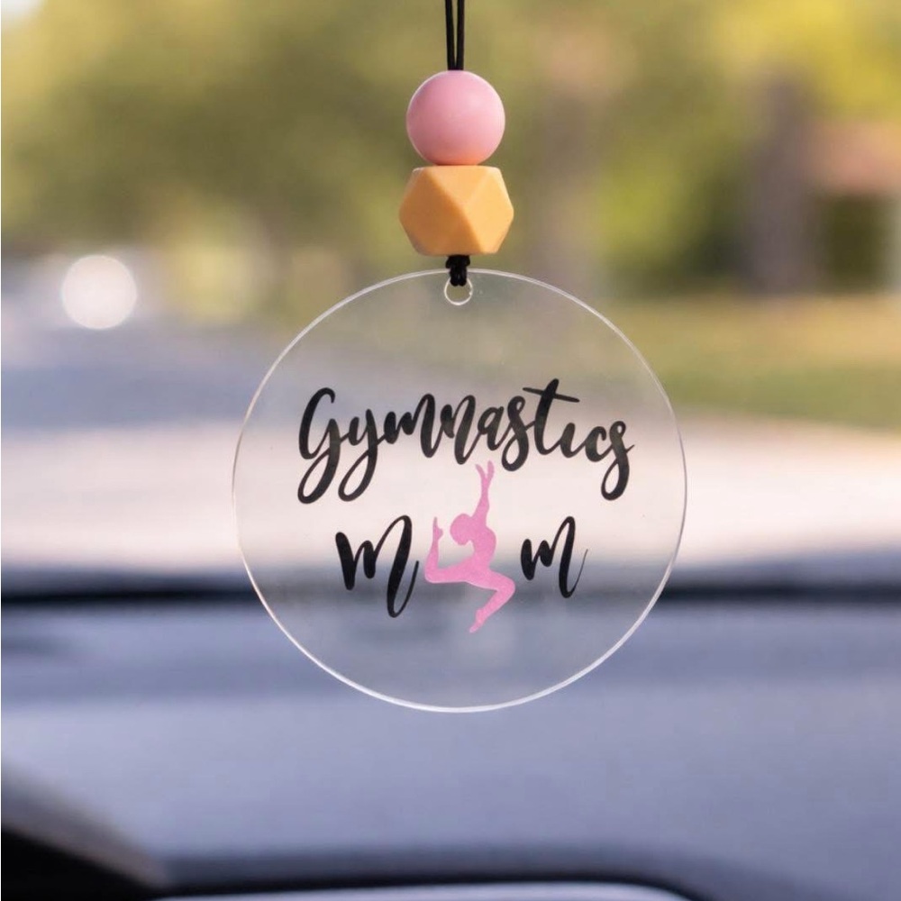 Gymnastics Mom Acrylic Car Charm - Pink & Tan Beads